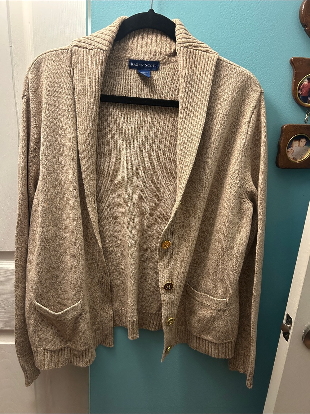Karen Scott Beige Shawl Collar Button Cardigan